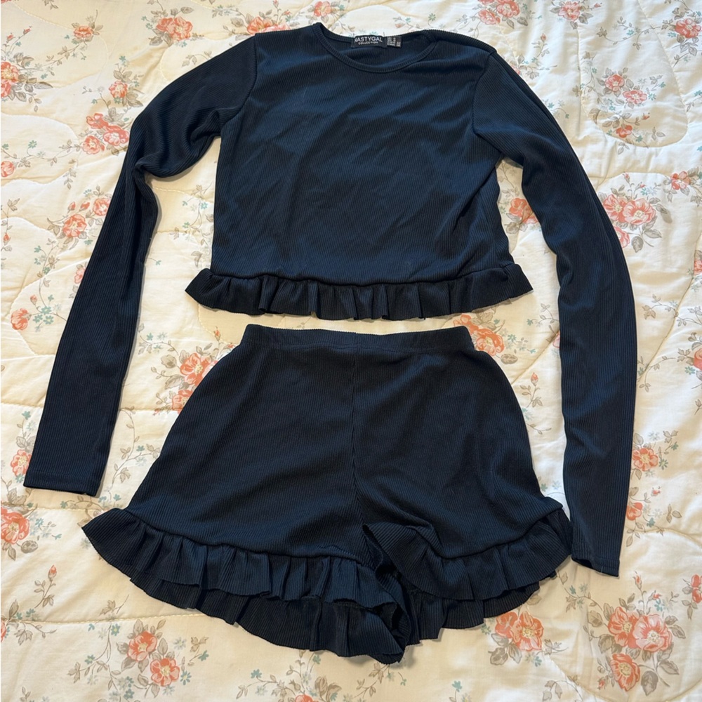 Nasty Gal Ruffle Long Sleeve Top and Shorts Set Black